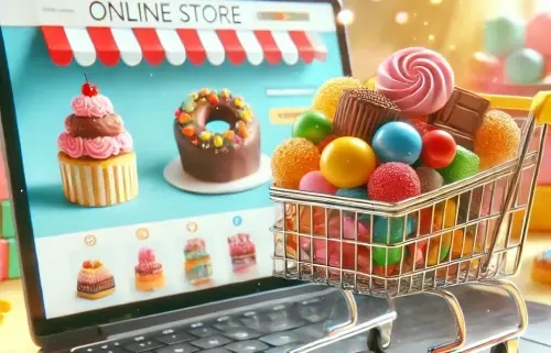Laptop with a trolley and sweets